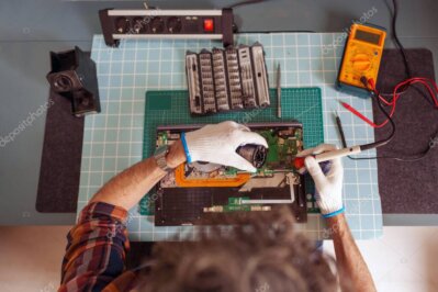 Werkstatt mit Werkzeugen und Elektronik am Arbeitstisch